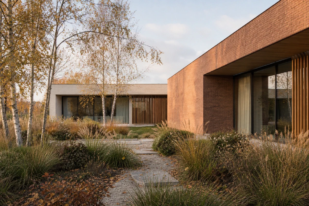 Conceptual contemporary brick courtyard house near Warsaw